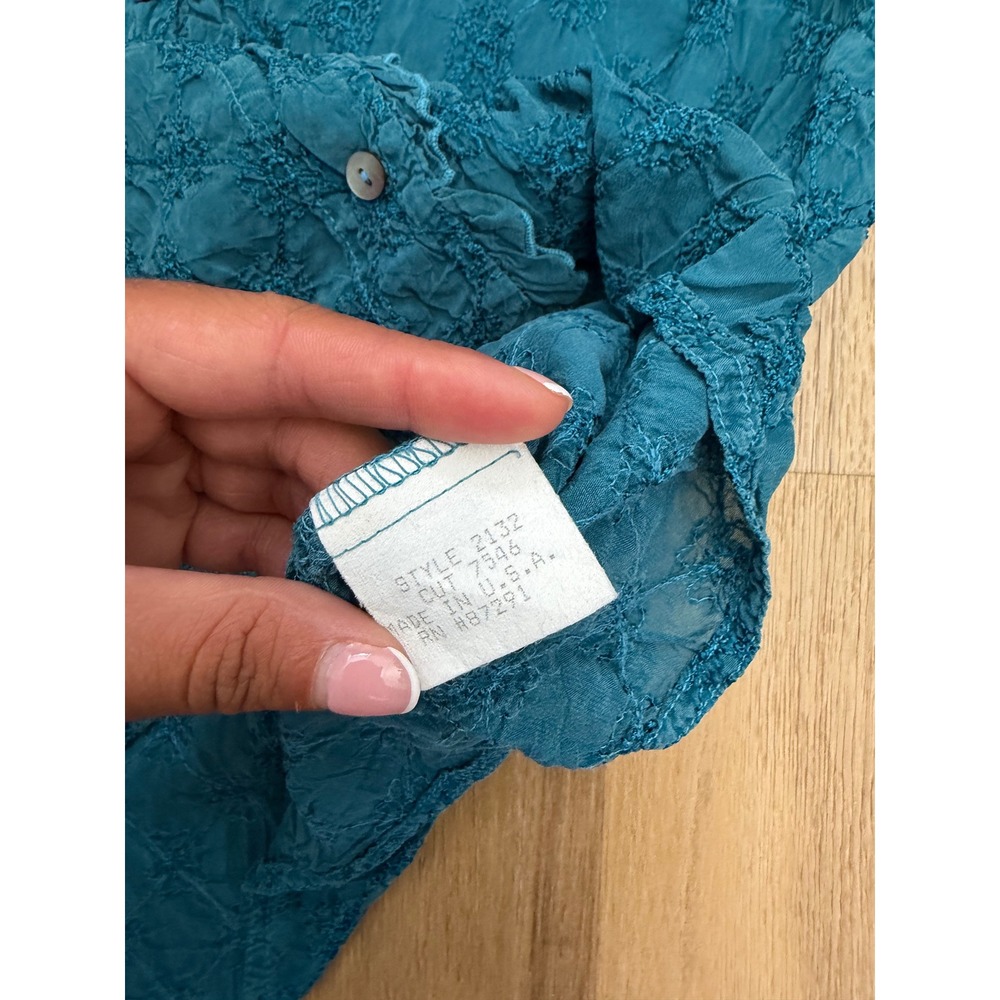Johnny Was Item Teal Blue Embroidered Crinkle fairy Ruffle Blouse XL vintage - Picture 5 of 8